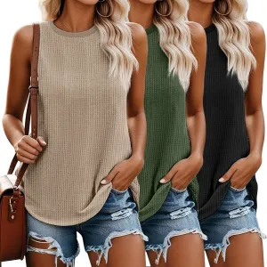 Riyiper 3 Pack Women's Waffle Knit Tank Tops, Sleeveless Casual Summer Tanks Camis Loose Crewneck Curved Hem Beach Tee Shirts