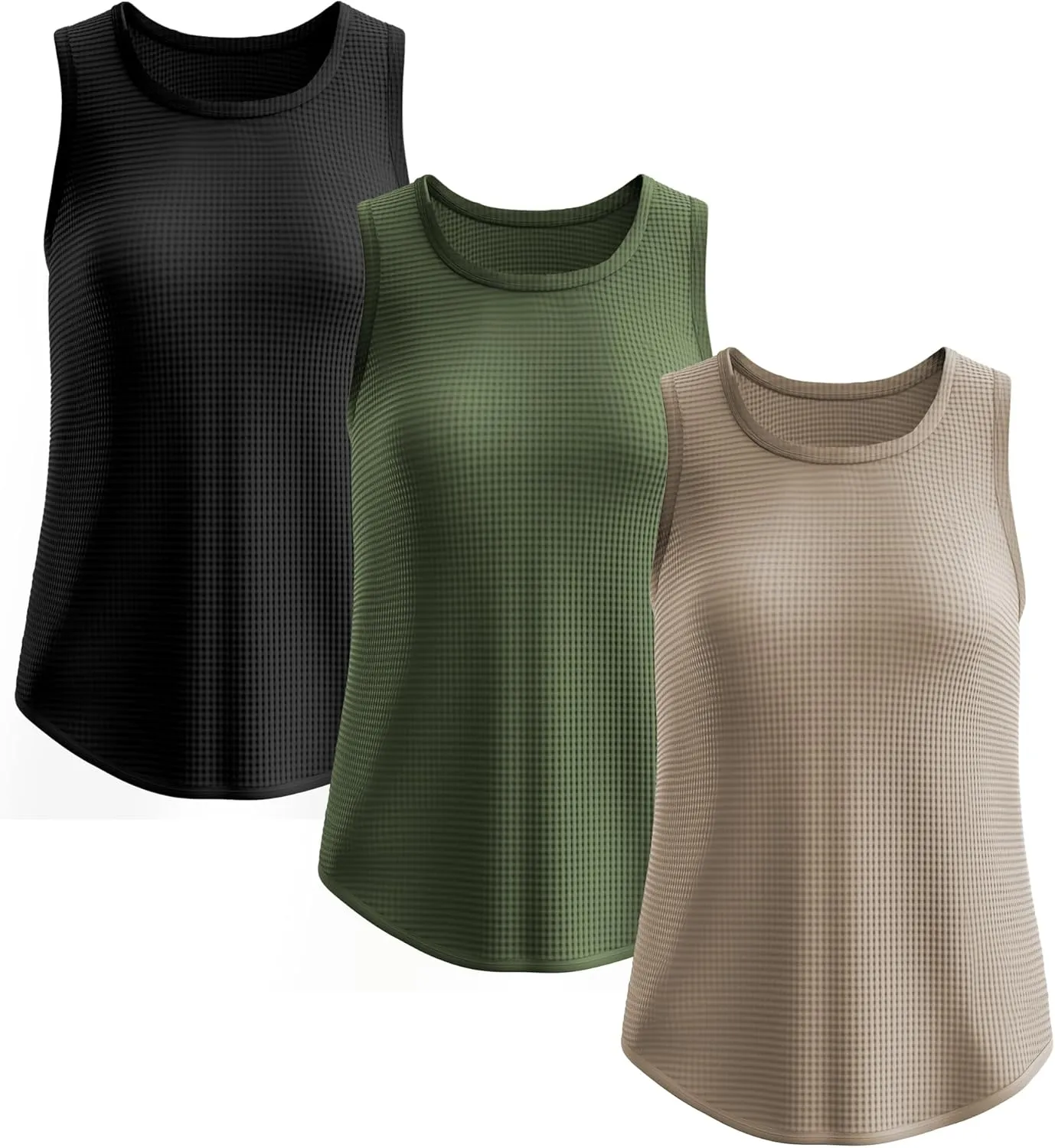 Riyiper 3 Pack Women's Waffle Knit Tank Tops, Sleeveless Casual Summer Tanks Camis Loose Crewneck Curved Hem Beach Tee Shirts