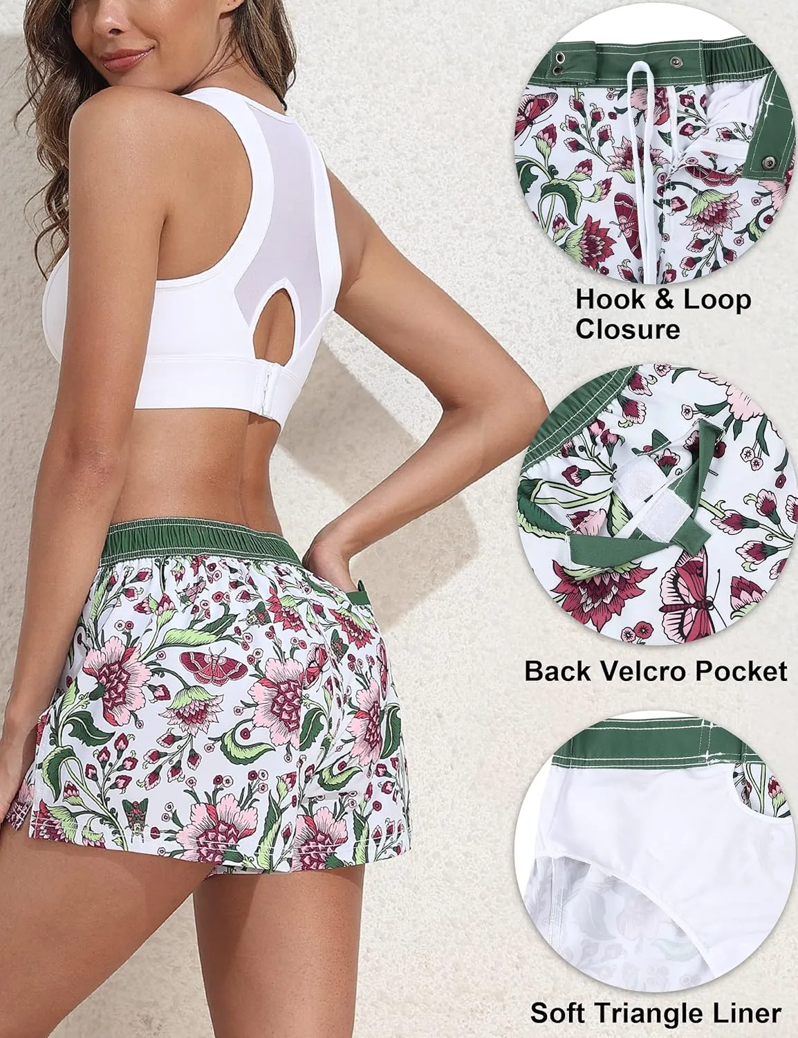 Rocorose Women's Board Shorts Quick Dry Elastic Waist Swim Shorts Surf Swimwear with Pocket and Liner