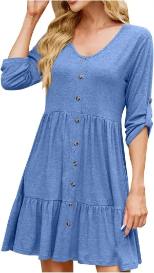 Roll Up 3/4 Length Sleeve Womens Summer Dresses Casual Button Decor V Neck Flowy Ruffle Tiered A Line Swing Mini Dress