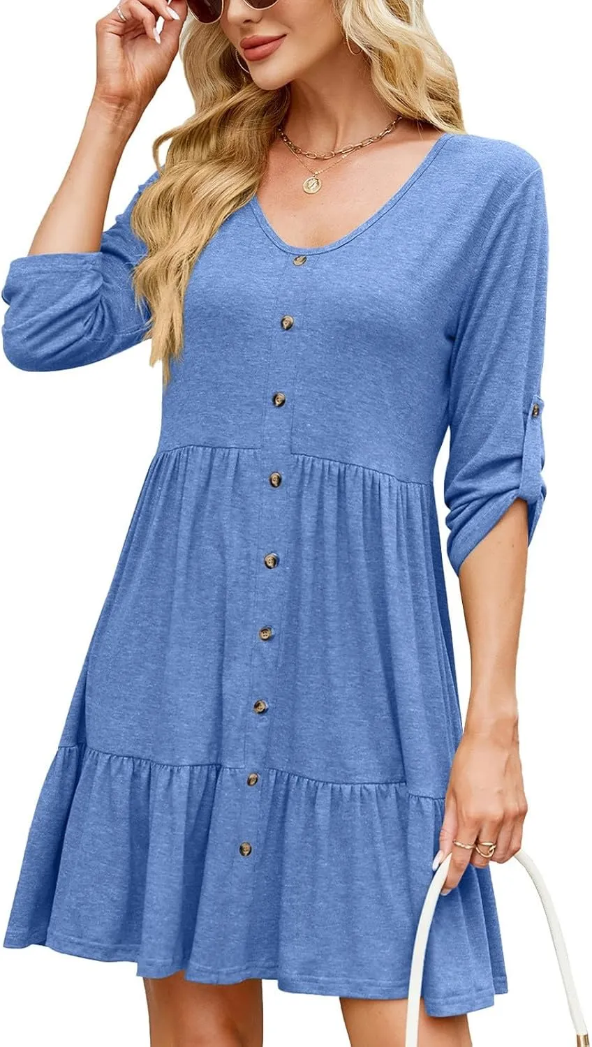 Roll Up 3/4 Length Sleeve Womens Summer Dresses Casual Button Decor V Neck Flowy Ruffle Tiered A Line Swing Mini Dress