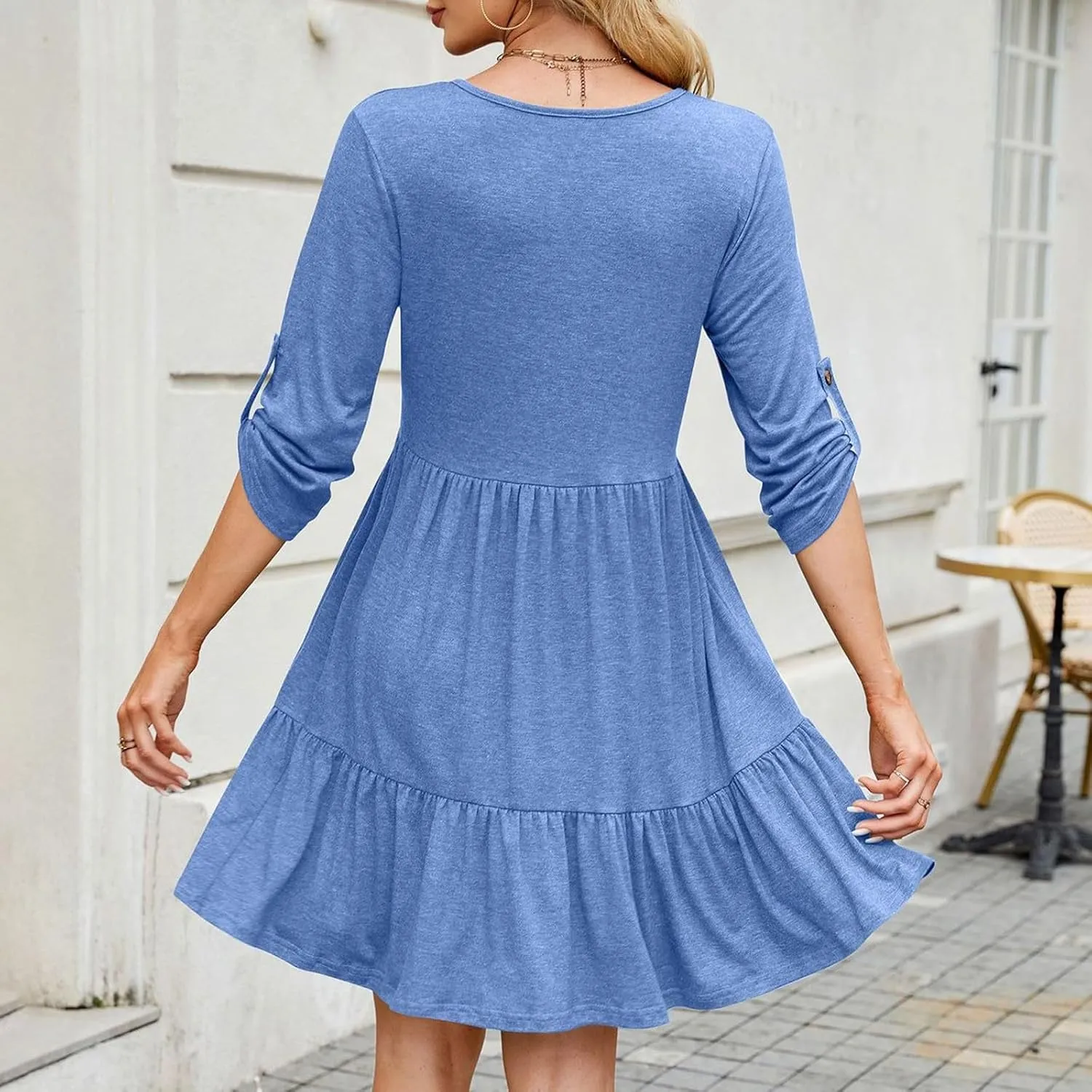 Roll Up 3/4 Length Sleeve Womens Summer Dresses Casual Button Decor V Neck Flowy Ruffle Tiered A Line Swing Mini Dress