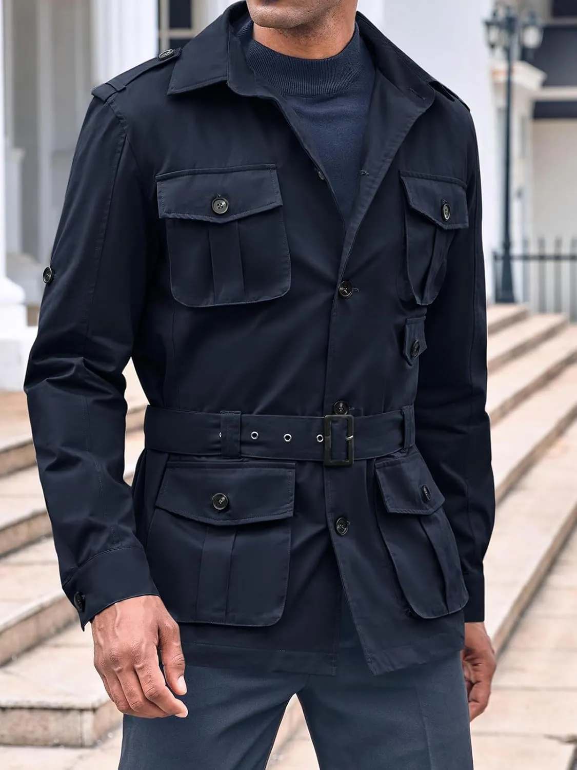 Runcati Mens Safari Jacket Military Utility Multi Pocket Casual Outdoor Fishing Cargo Outwear Coat with Belt