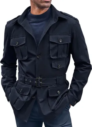 Runcati Mens Safari Jacket Military Utility Multi Pocket Casual Outdoor Fishing Cargo Outwear Coat with Belt