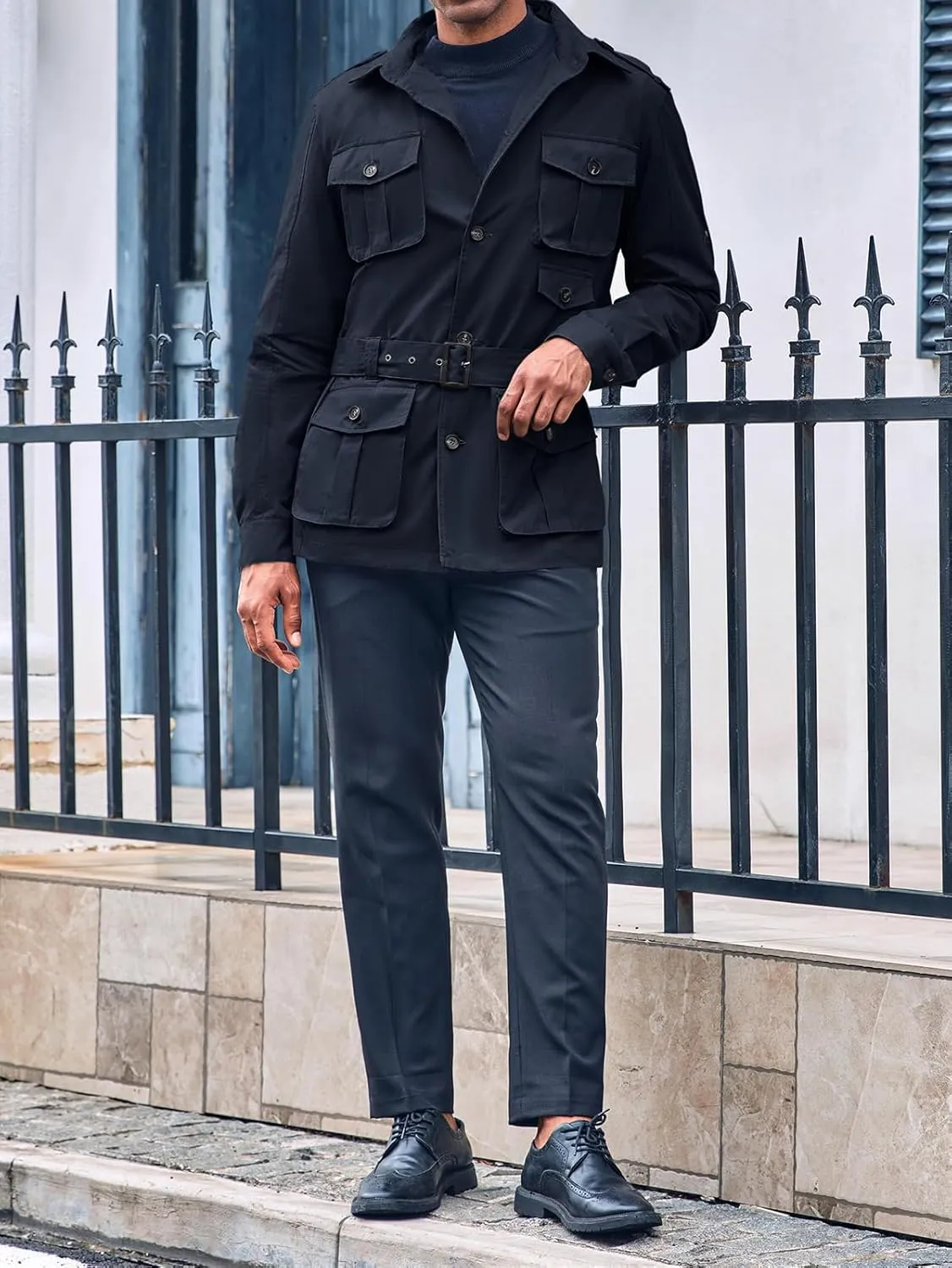 Runcati Mens Safari Jacket Military Utility Multi Pocket Casual Outdoor Fishing Cargo Outwear Coat with Belt