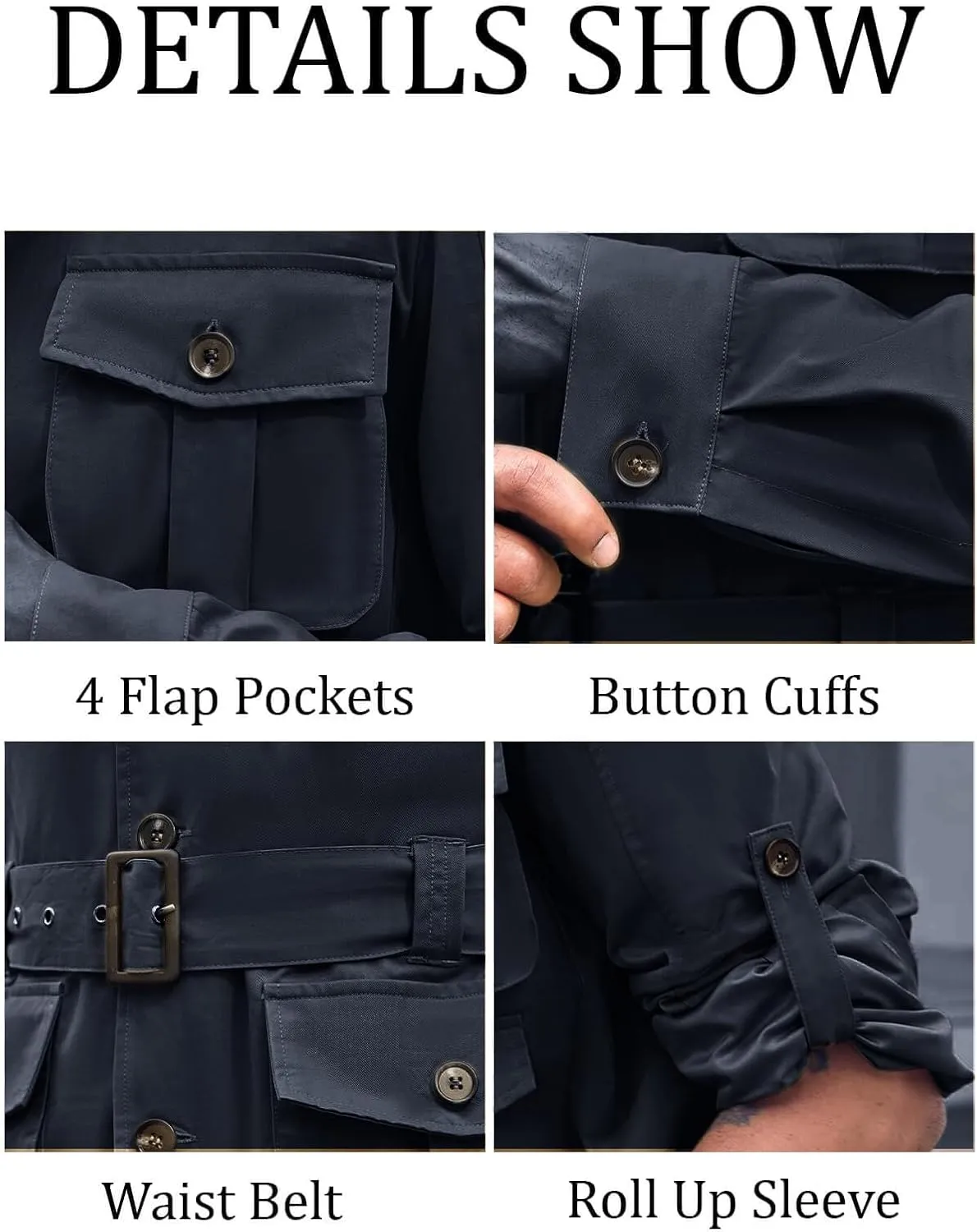 Runcati Mens Safari Jacket Military Utility Multi Pocket Casual Outdoor Fishing Cargo Outwear Coat with Belt