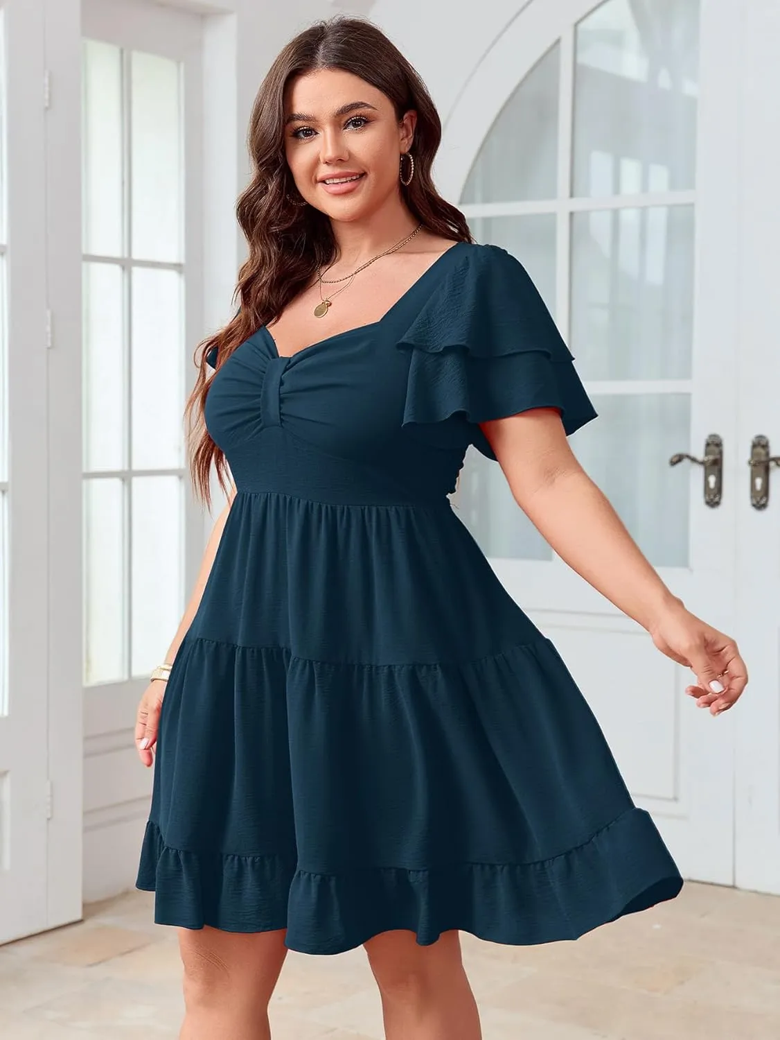 SCOMCHIC Women's Plus Size Summer Dresses Short Sleeve Sweetheart Neckline A Line Cocktail Boho Cute Mini Short Dress