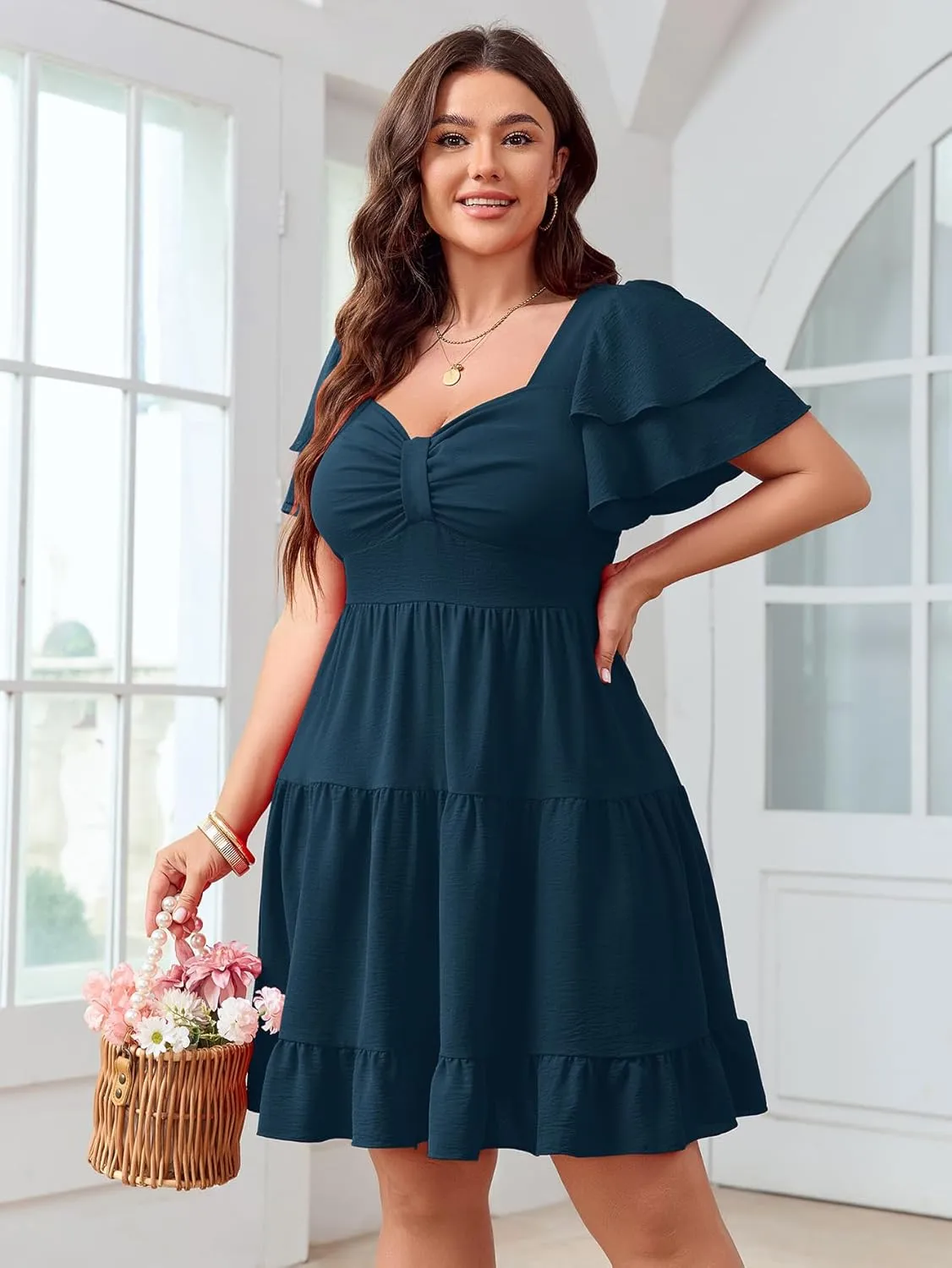 SCOMCHIC Women's Plus Size Summer Dresses Short Sleeve Sweetheart Neckline A Line Cocktail Boho Cute Mini Short Dress