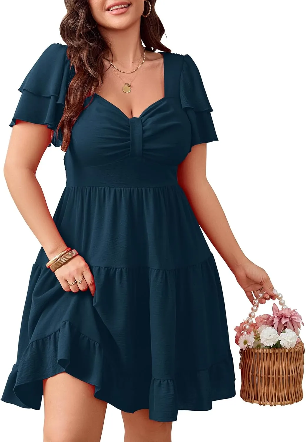 SCOMCHIC Women's Plus Size Summer Dresses Short Sleeve Sweetheart Neckline A Line Cocktail Boho Cute Mini Short Dress