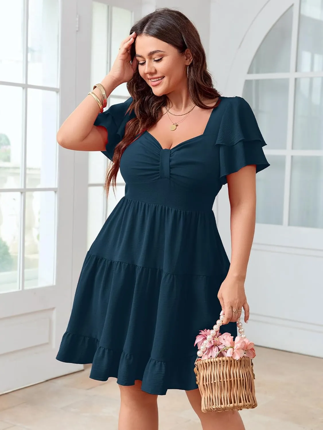 SCOMCHIC Women's Plus Size Summer Dresses Short Sleeve Sweetheart Neckline A Line Cocktail Boho Cute Mini Short Dress