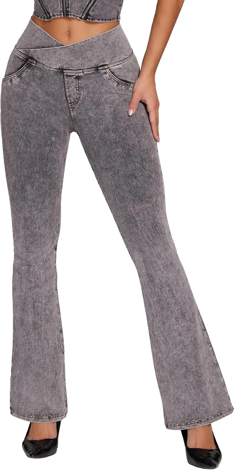 SEASUM Butt Lifting Jeans for Women Bootcut High Waisted Bell Bottom Stretchy Flare Leggings Tummy Control Casual Pants