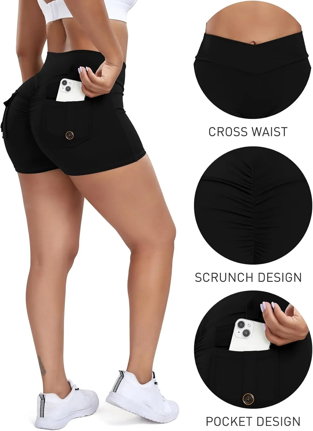 SEASUM Women Pocket Shorts Scrunch Butt Workout Cargo Shorts V Waist Yoga Booty Lifting Gym Bottom