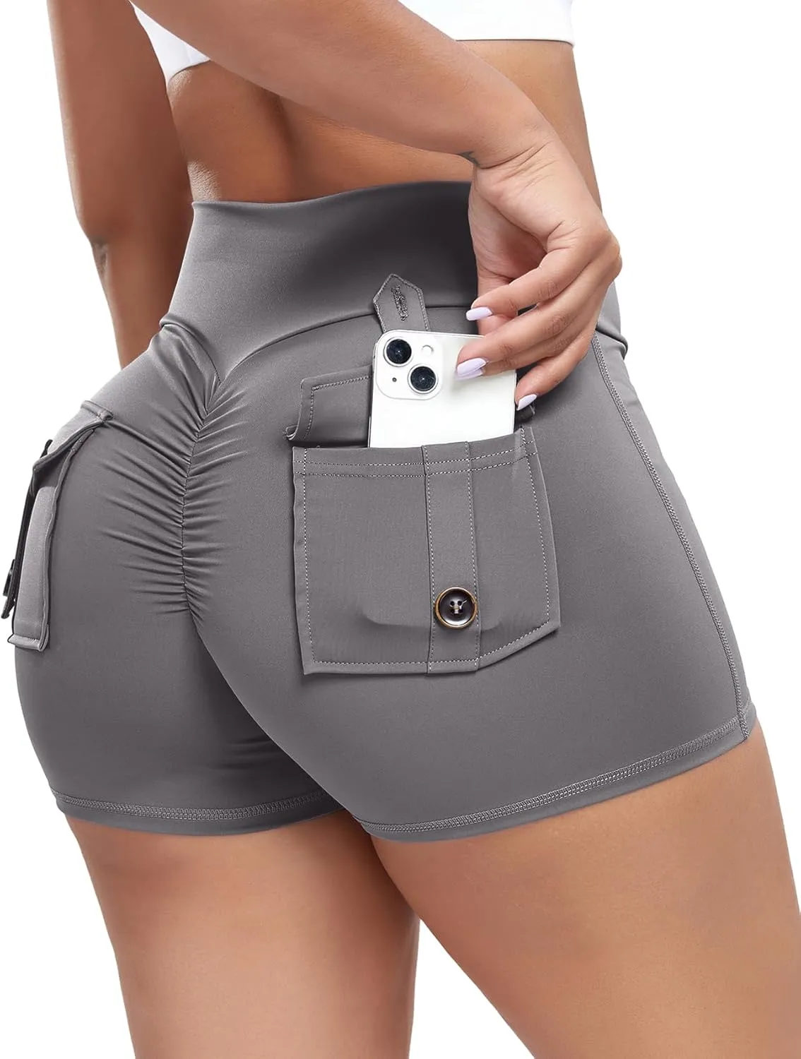 SEASUM Women Pocket Shorts Scrunch Butt Workout Cargo Shorts V Waist Yoga Booty Lifting Gym Bottom