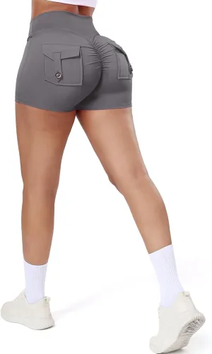 SEASUM Women Pocket Shorts Scrunch Butt Workout Cargo Shorts V Waist Yoga Booty Lifting Gym Bottom
