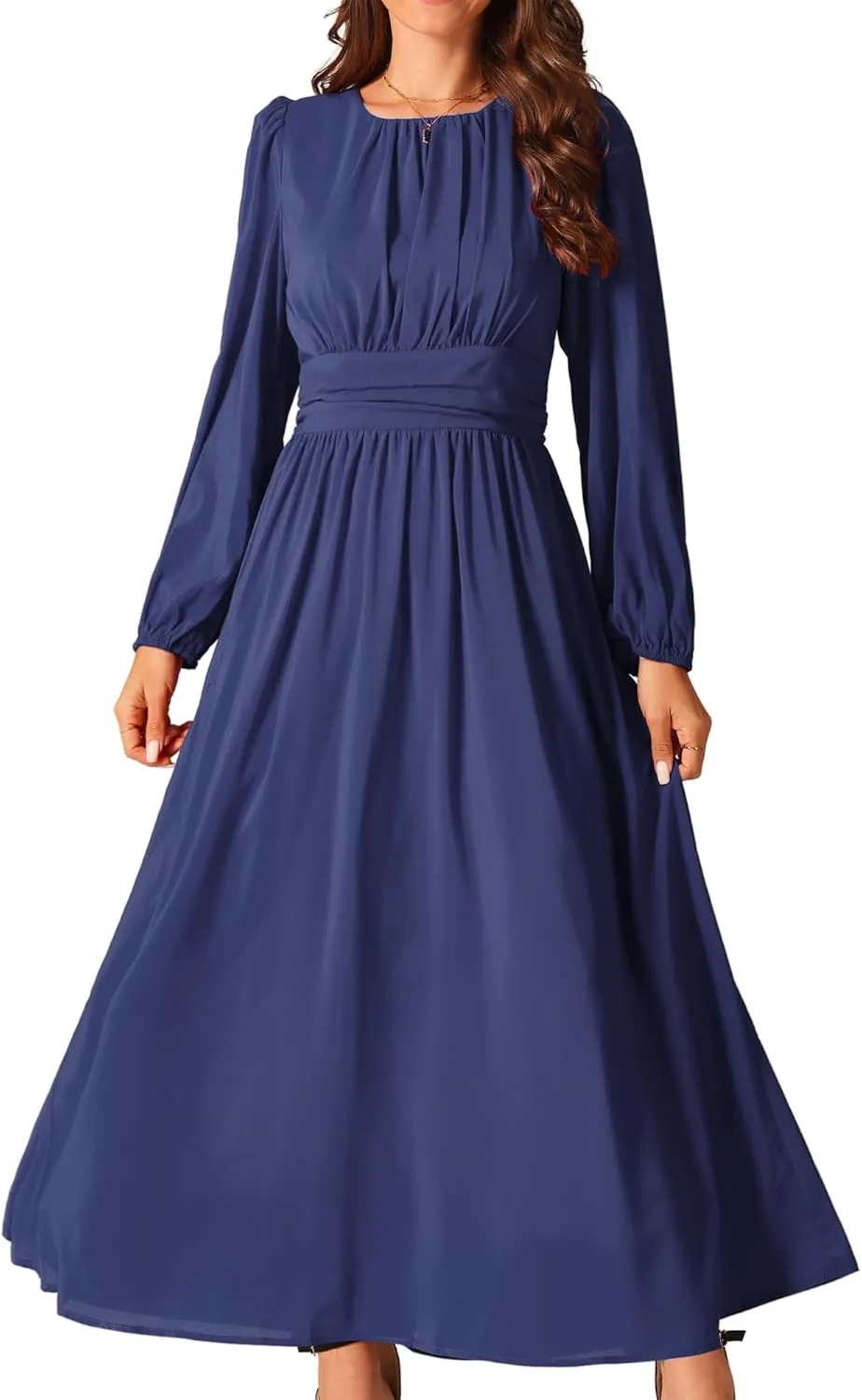 Seta T Women's Cocktail Party Dresses Crewneck Lantern Long Sleeves A-Line Chiffon Maxi Formal Dress