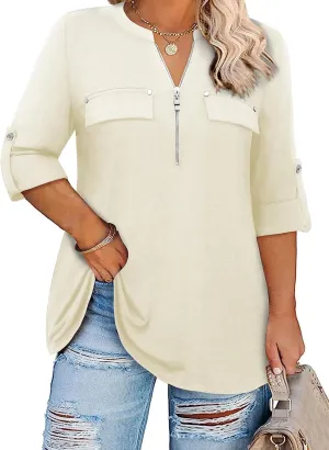 Siddhe Plus Size 3/4 Length Sleeve Womens Tops Zip V-Neck Tunic Tops Business Casual Dressy Blouses 1x-5x