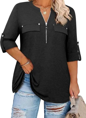Siddhe Plus Size 3/4 Length Sleeve Womens Tops Zip V-Neck Tunic Tops Business Casual Dressy Blouses 1x-5x