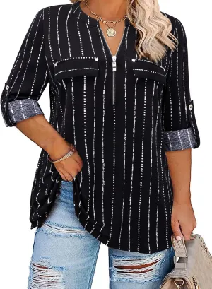 Siddhe Plus Size 3/4 Length Sleeve Womens Tops Zip V-Neck Tunic Tops Business Casual Dressy Blouses 1x-5x