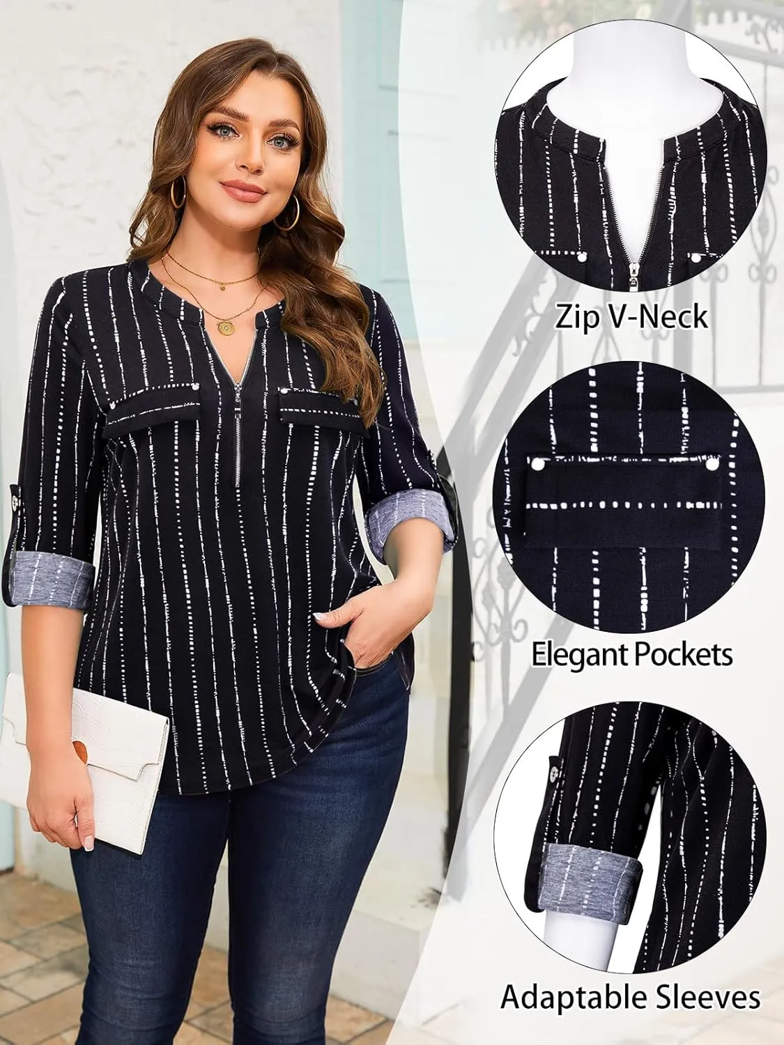 Siddhe Plus Size 3/4 Length Sleeve Womens Tops Zip V-Neck Tunic Tops Business Casual Dressy Blouses 1x-5x