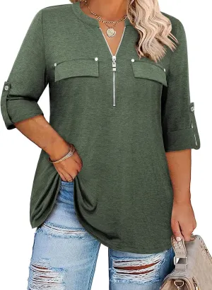 Siddhe Plus Size 3/4 Length Sleeve Womens Tops Zip V-Neck Tunic Tops Business Casual Dressy Blouses 1x-5x