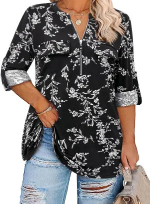 Siddhe Plus Size 3/4 Length Sleeve Womens Tops Zip V-Neck Tunic Tops Business Casual Dressy Blouses 1x-5x