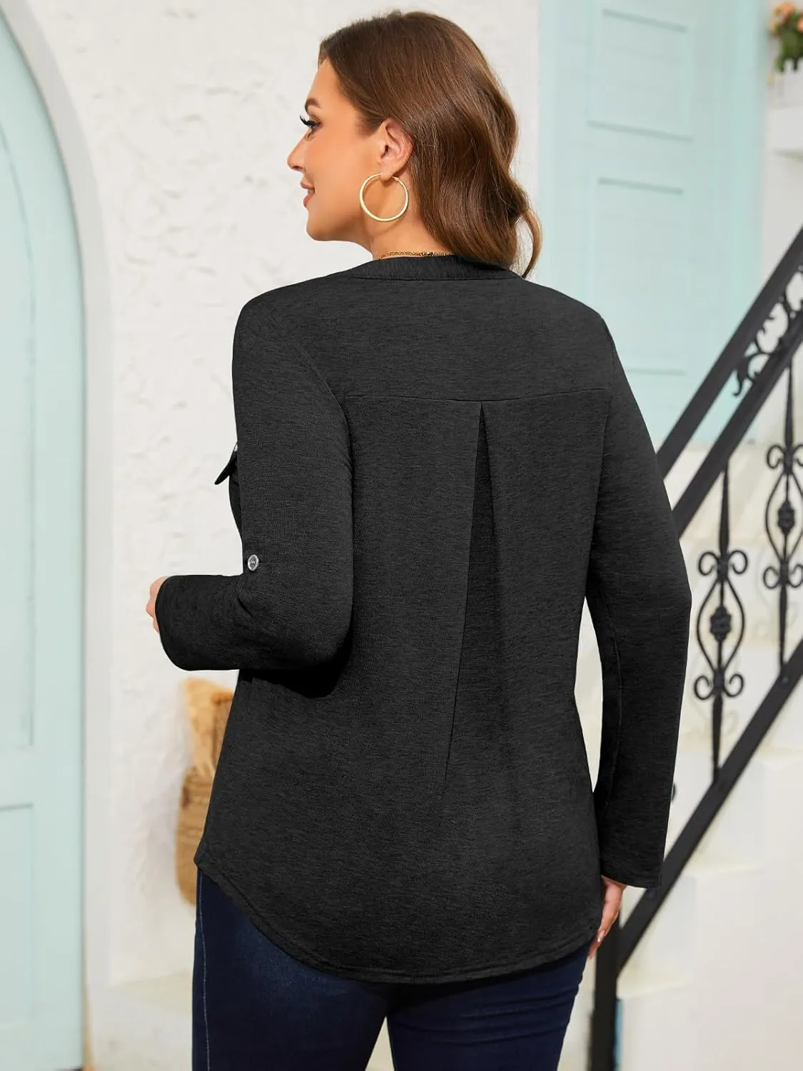 Siddhe Plus Size 3/4 Length Sleeve Womens Tops Zip V-Neck Tunic Tops Business Casual Dressy Blouses 1x-5x