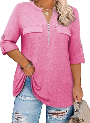 Siddhe Plus Size 3/4 Length Sleeve Womens Tops Zip V-Neck Tunic Tops Business Casual Dressy Blouses 1x-5x
