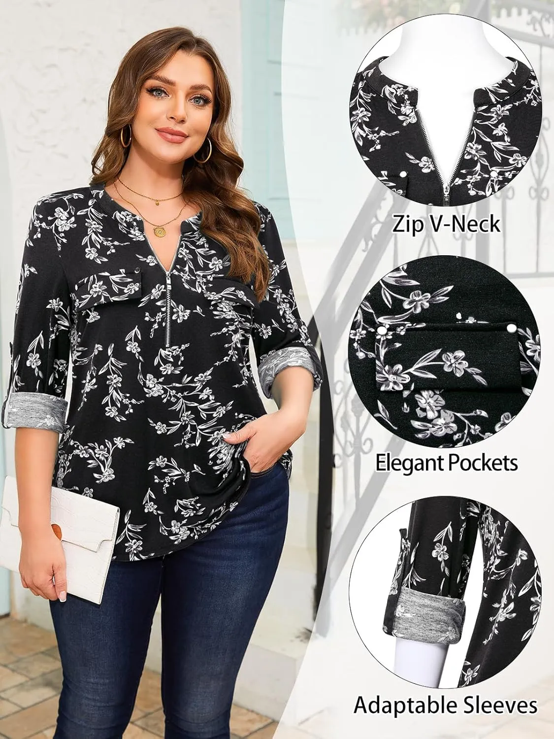 Siddhe Plus Size 3/4 Length Sleeve Womens Tops Zip V-Neck Tunic Tops Business Casual Dressy Blouses 1x-5x