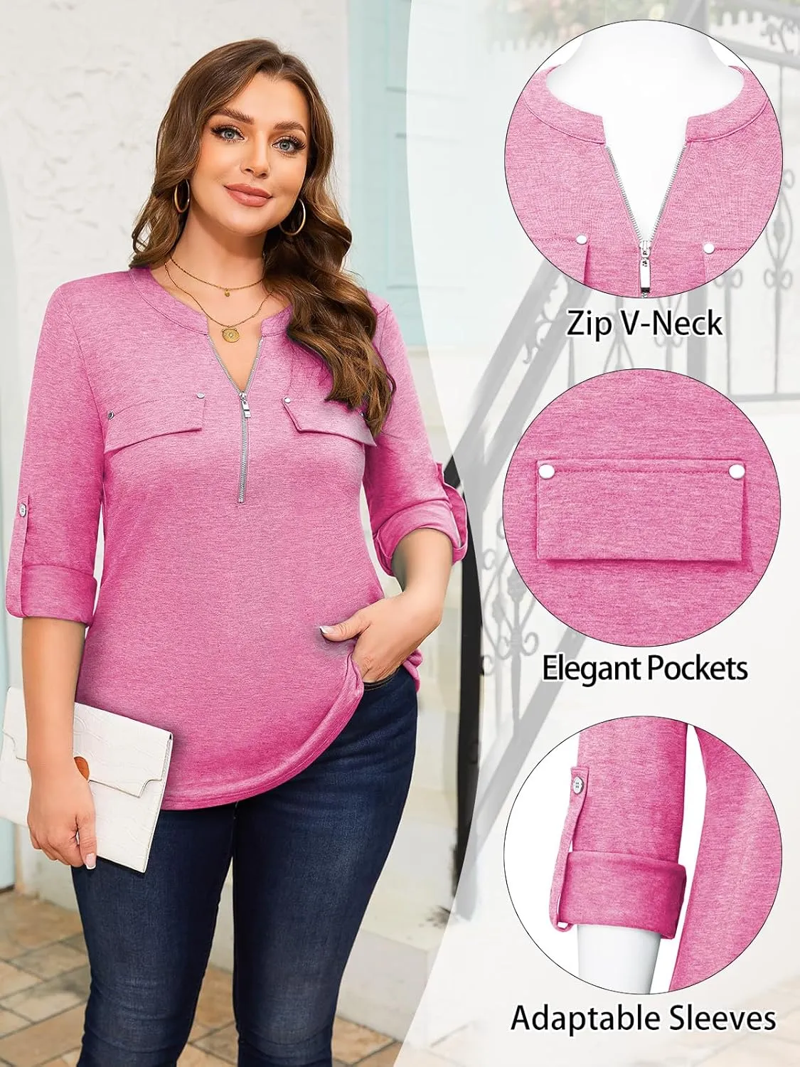 Siddhe Plus Size 3/4 Length Sleeve Womens Tops Zip V-Neck Tunic Tops Business Casual Dressy Blouses 1x-5x