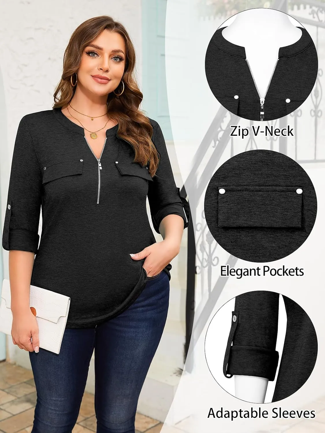 Siddhe Plus Size 3/4 Length Sleeve Womens Tops Zip V-Neck Tunic Tops Business Casual Dressy Blouses 1x-5x
