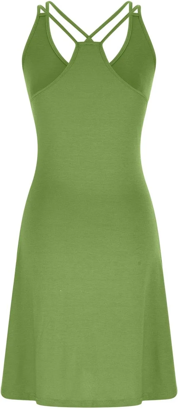Sinzelimin Women's Summer Tank Dresses Sleeveless V-Neck Sexy Tie Strap Open Back Mini Dress Knee-Length Beach Sundress