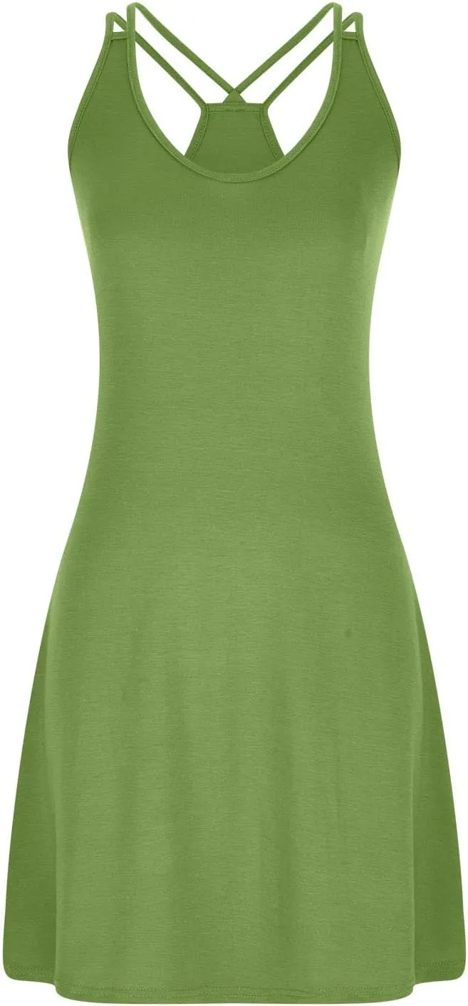 Sinzelimin Women's Summer Tank Dresses Sleeveless V-Neck Sexy Tie Strap Open Back Mini Dress Knee-Length Beach Sundress