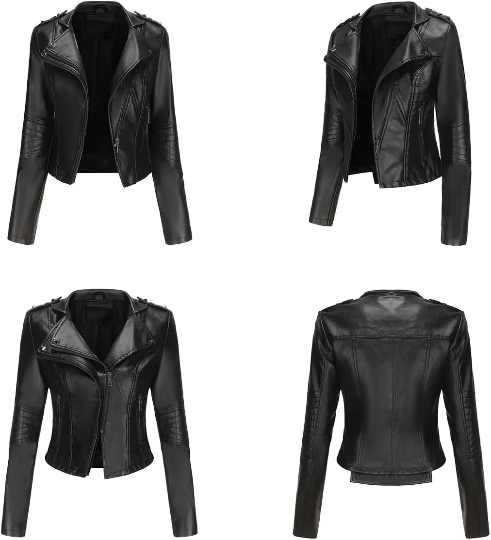 Sister Amy Women PU Leather Jacket Women Bomber Jacket Cropped Zipper Jacket Moto Coat