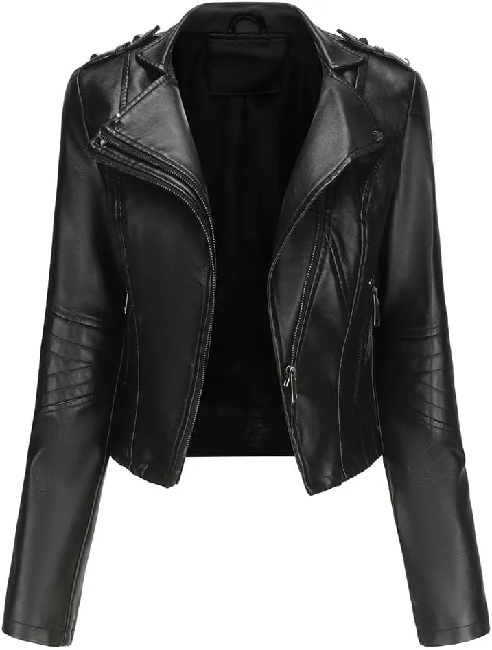 Sister Amy Women PU Leather Jacket Women Bomber Jacket Cropped Zipper Jacket Moto Coat