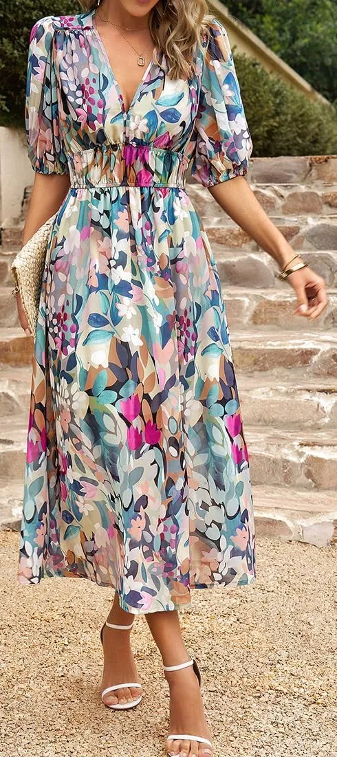 Sister Amy Women's Boho Floral Print Square Neck Beach Party Flowy Ruffle Midi Dress