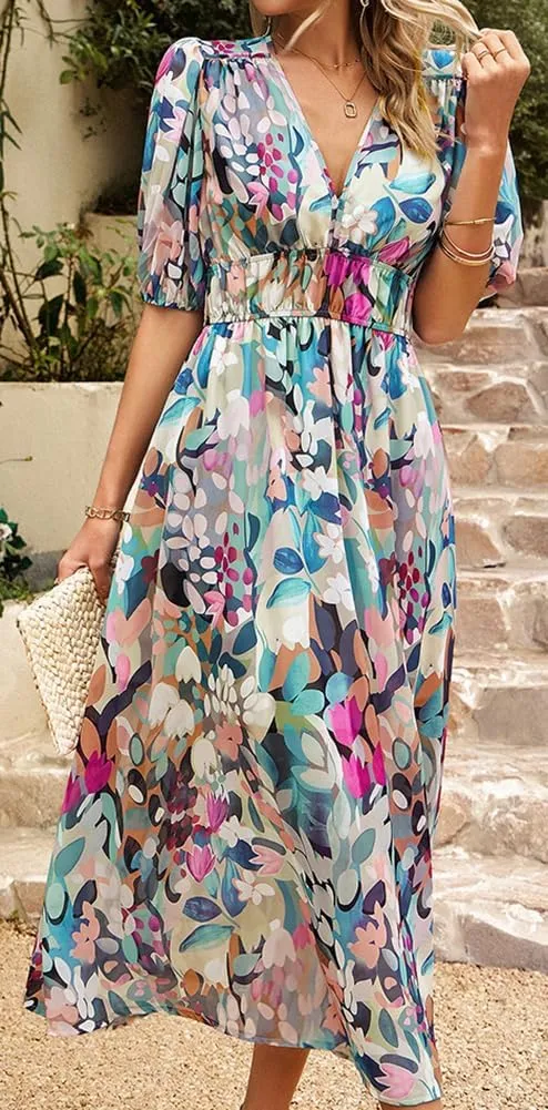 Sister Amy Women's Boho Floral Print Square Neck Beach Party Flowy Ruffle Midi Dress