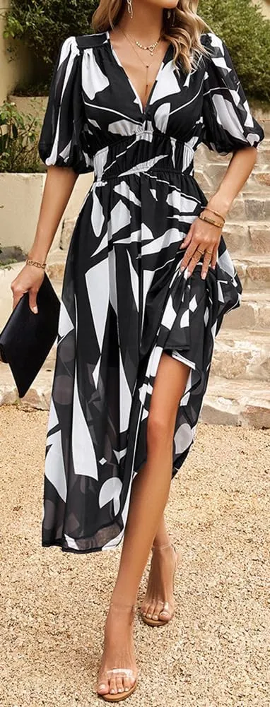Sister Amy Women's Boho Floral Print Square Neck Beach Party Flowy Ruffle Midi Dress
