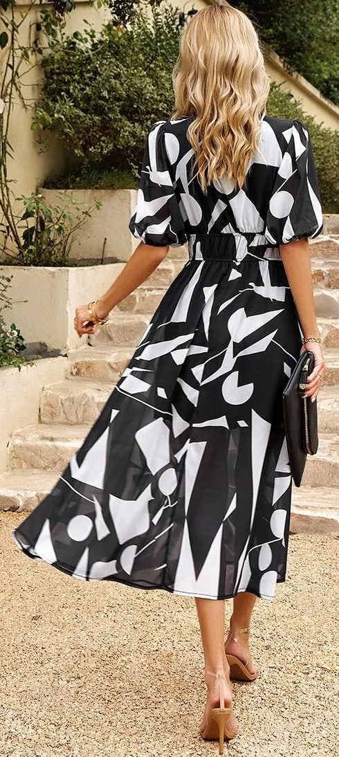 Sister Amy Women's Boho Floral Print Square Neck Beach Party Flowy Ruffle Midi Dress