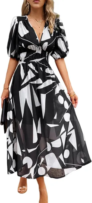 Sister Amy Women's Boho Floral Print Square Neck Beach Party Flowy Ruffle Midi Dress