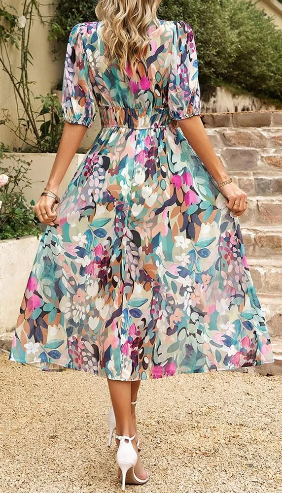 Sister Amy Women's Boho Floral Print Square Neck Beach Party Flowy Ruffle Midi Dress