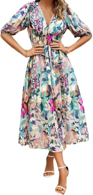 Sister Amy Women's Boho Floral Print Square Neck Beach Party Flowy Ruffle Midi Dress