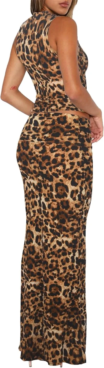 Skirt Sets Women 2 Piece Outfits - Sexy Two Pc Sleeveless Tank Crop Top Fold Over Maxi Long Skirts