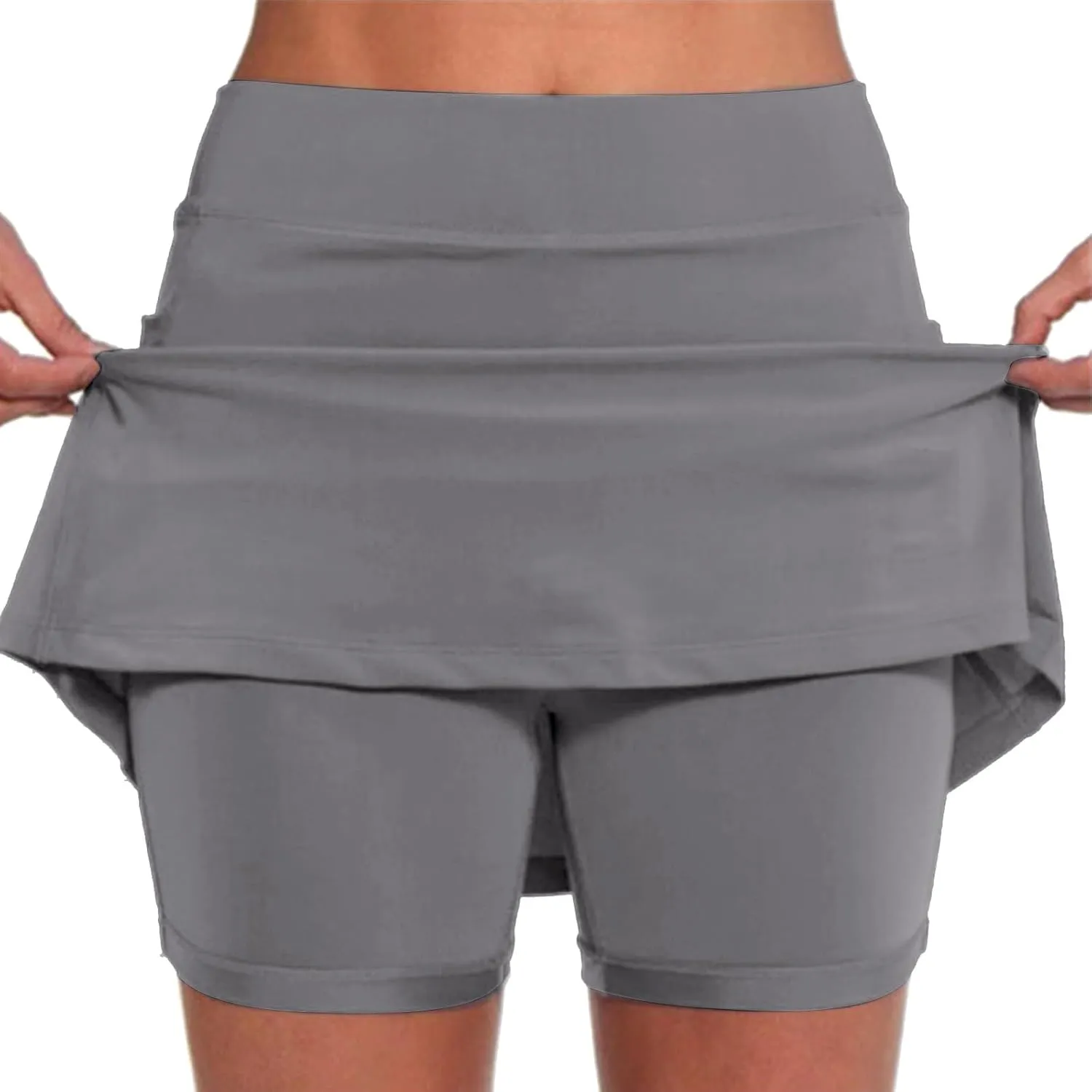 Skirt with Shorts Underneath, Women Elastic Yoga Skirts Solid Color Lightweight Tummy Control Athletic Tennis Shorts