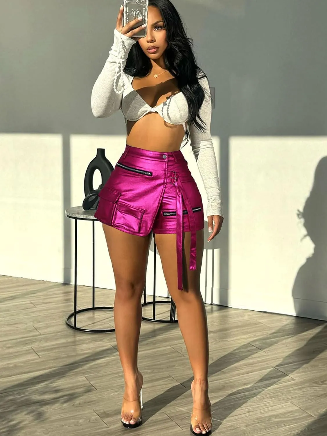 Skorts for Woman Metallic Faux Leather High Waisted Shorts Cargo Shiny Summer Sexy Asymmetrical Skirt Shorts
