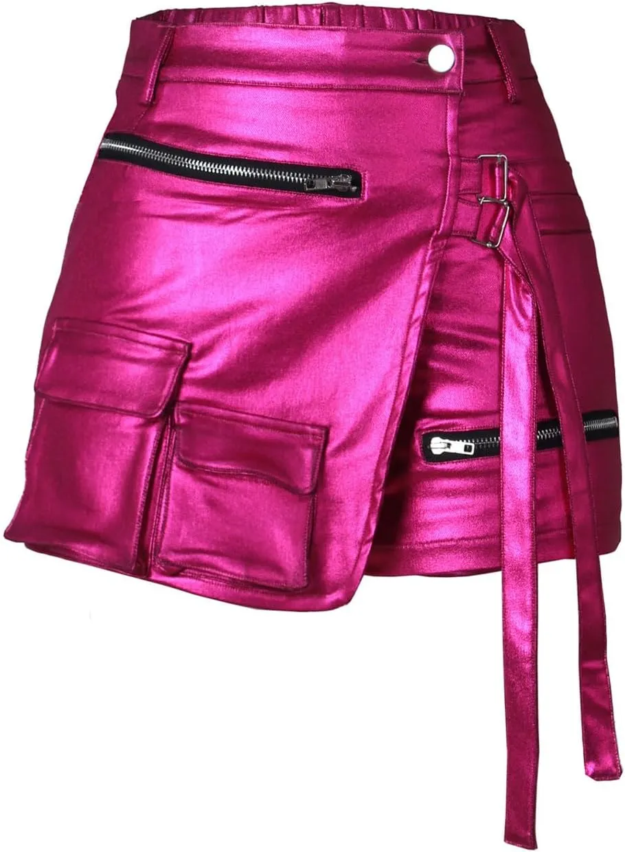 Skorts for Woman Metallic Faux Leather High Waisted Shorts Cargo Shiny Summer Sexy Asymmetrical Skirt Shorts