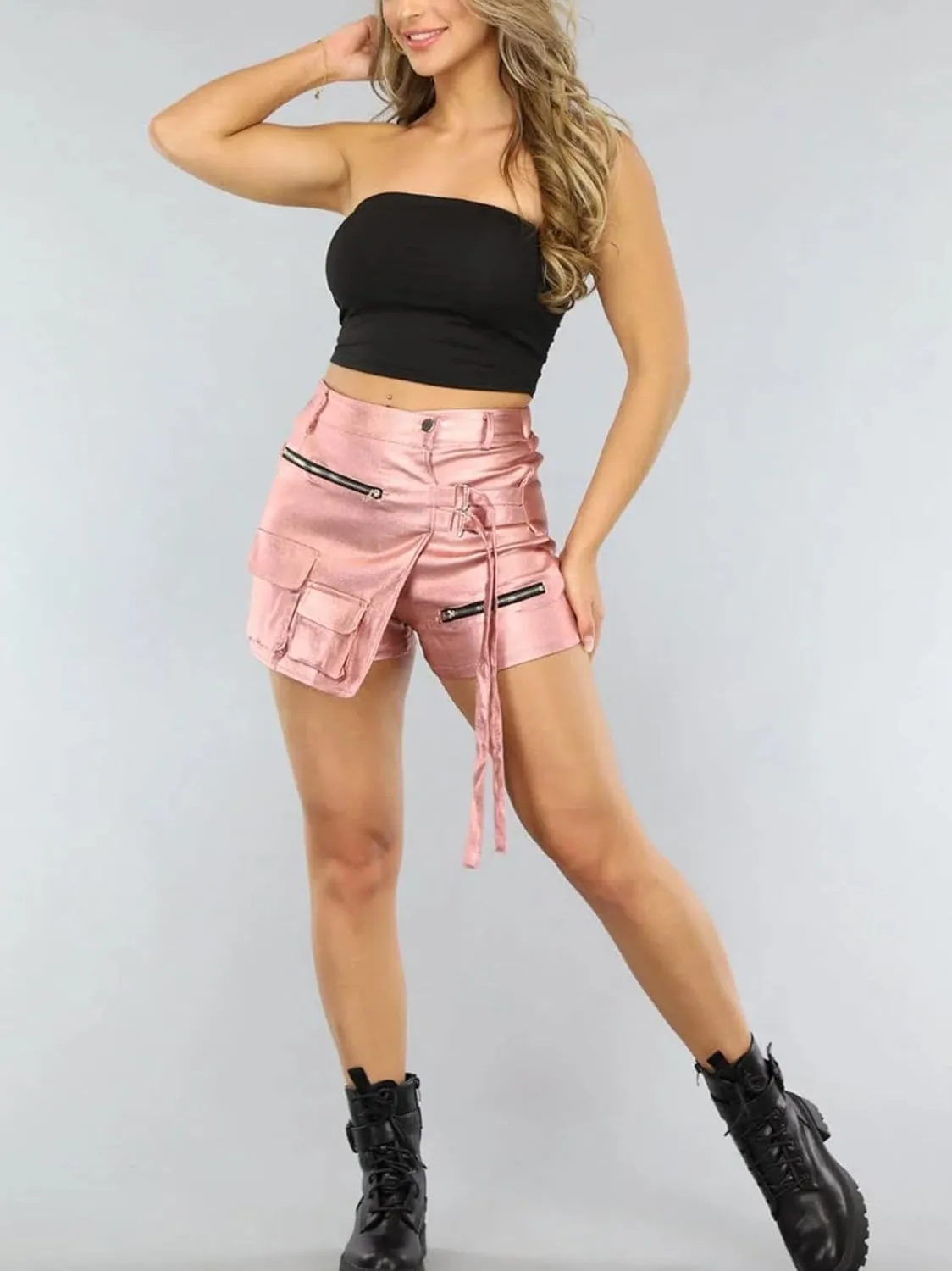 Skorts for Woman Metallic Faux Leather High Waisted Shorts Cargo Shiny Summer Sexy Asymmetrical Skirt Shorts