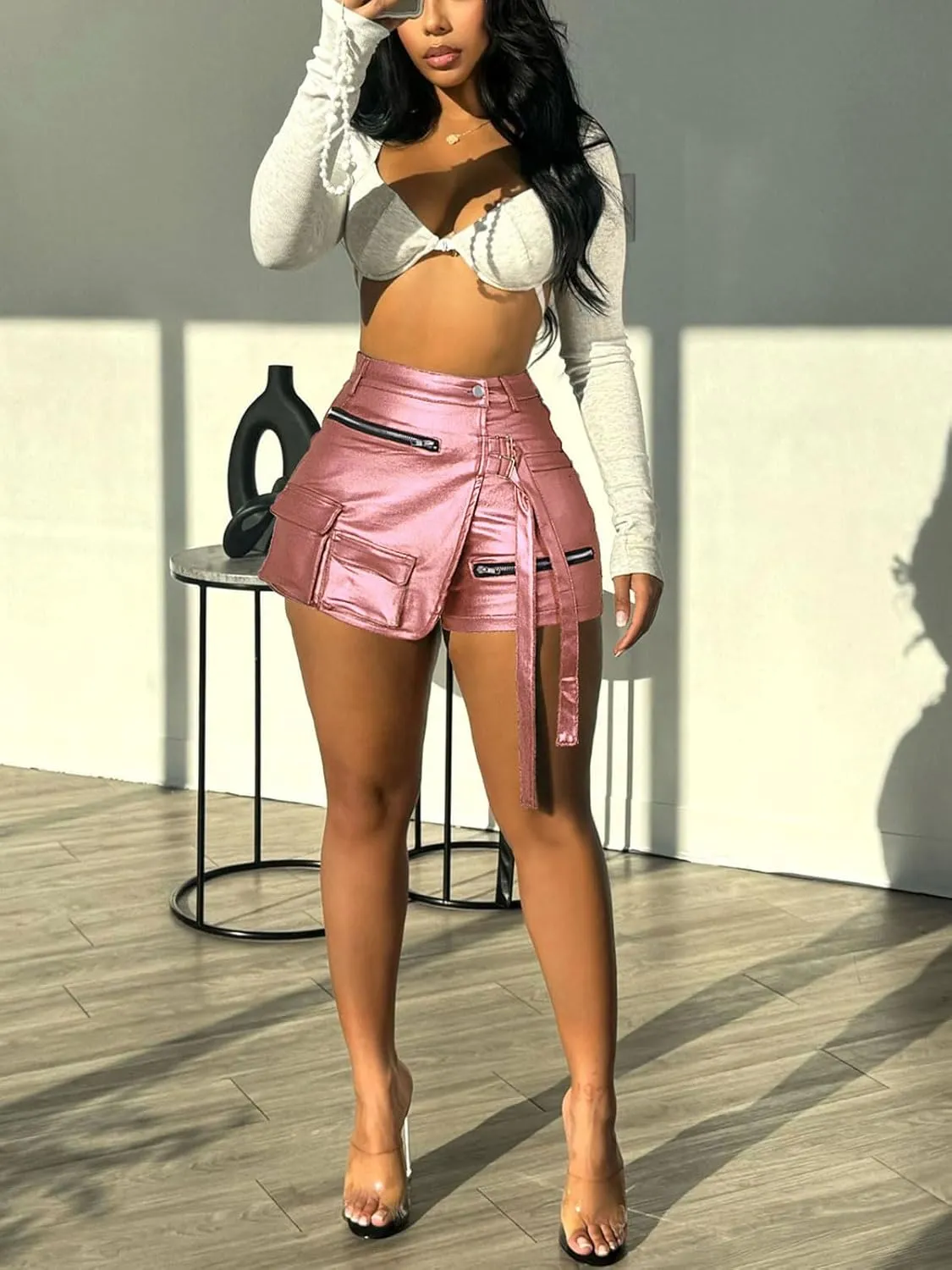 Skorts for Woman Metallic Faux Leather High Waisted Shorts Cargo Shiny Summer Sexy Asymmetrical Skirt Shorts
