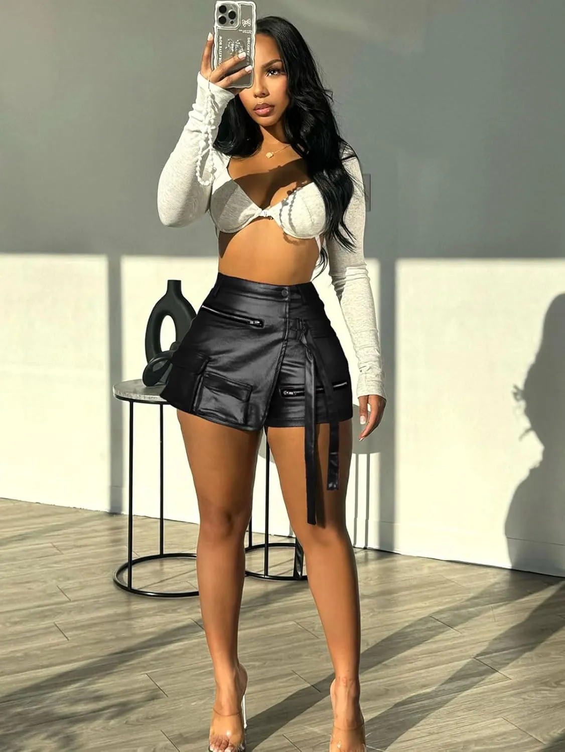 Skorts for Woman Metallic Faux Leather High Waisted Shorts Cargo Shiny Summer Sexy Asymmetrical Skirt Shorts