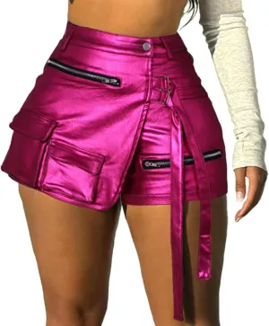 Skorts for Woman Metallic Faux Leather High Waisted Shorts Cargo Shiny Summer Sexy Asymmetrical Skirt Shorts