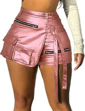 Skorts for Woman Metallic Faux Leather High Waisted Shorts Cargo Shiny Summer Sexy Asymmetrical Skirt Shorts